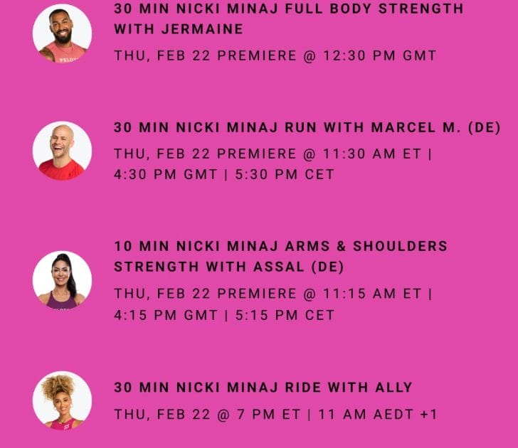 Peloton's Nicki Minaj class list. Image credit Peloton social media.